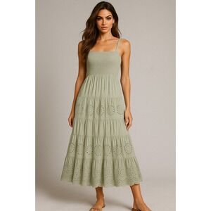 Jessica Simpson Dress Womens M Green Tiered Cottagecore Smocked Boho Maxi Eyelet